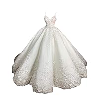 Melisa Women's Spaghetti Strap Lace Applique Wedding Dresses for Bride with Train Satin Princess Bridal Ball Gown Plus Size
