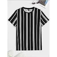 Men's T-Shirts Men Striped Print Tee T-Shirts for Men (Color : Black, Size : Medium)