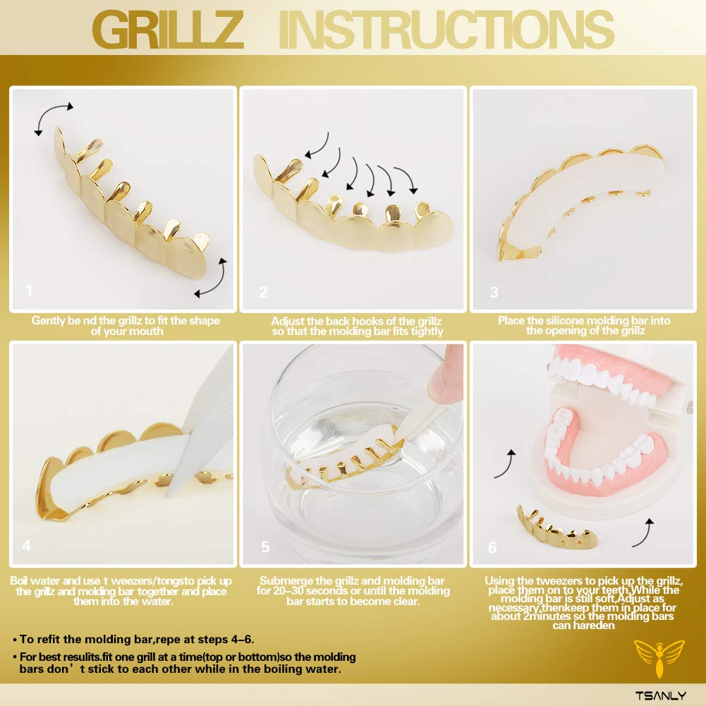 TSANLY Gold Grillz 6 Teeth Mouth 24K Plated Gold Top & Bottom Grills Caps Set for Son + Extra Molding Bars + Microfiber Cloth