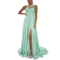 LIPOSA Women's One Shoulder Prom Dress Long A Line Lace Top Chiffon Button High Slit Formal Party Bridesmaid Gowns
