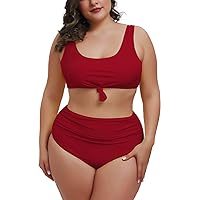 Pink Queen Women's 2 Piece Plus Size High Waisted Swimsuits Ruched Tummy Control Bikini Set