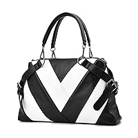 Retro Large Capacity Handbag Women PU Leather Shoulder Bag (Color: Black White, Size: 14.6 x 3.9 x 8.7 inches (37 x 10 x 22