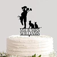 Acrylic Personalized Wedding Cake Topper Couples And Cats Monogram Custom Bride Groom Initials Names Engraved Black Cake Topper for Wedding Engagement Party Wedding Cake Decoration Cake Decoration