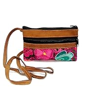 Small Multicolored Floral Embroidered Tan Vegan Leather Suede Slim Purse Crossbody Bag - Womens Fashion Handmade Accessories