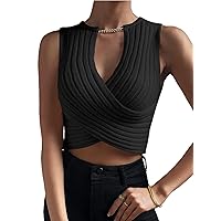 OYOANGLE Women's Solid Chain Criss Cross Deep V Neck Sleeveless Knitted Crop Tank Top