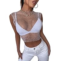 Formery Mesh Rhinestone Bikini Swimsuit Cover Ups Sexy See Through Sleeveless Coverups Fishnet Hollow Out Crop Top Fashion Rave Festival Clubwear Cover Up for Women and Girls White, White, 6