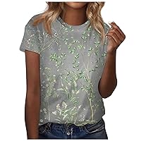 Women's Casual Short Sleeve Solid Color Top Blouse Fashion Round Neck Floral Print Bohemia Shirts Holiday Tops