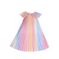Girl's Pleated Colorblock Round Neck Short Sleeve Dress Casual A Line Dresses