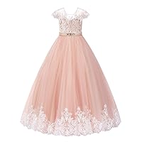 PLUVIOPHILY Cap Sleeves Wedding Flower Girl Dress V Back Lace Junior Bridesmaid Dress