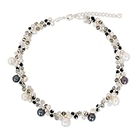 NOVICA Handmade Cultured Freshwater Pearl Choker Necklace Silver Plated Silk Dyed Glass Bead White Clear Beaded Thailand Sharkskin Birthstone 'A Spark of Romance'