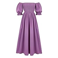 Womens Off Shoulder Long Dress Bubble Short Sleeve Pleated Dress Elastic Chest Party Cocktail Dress