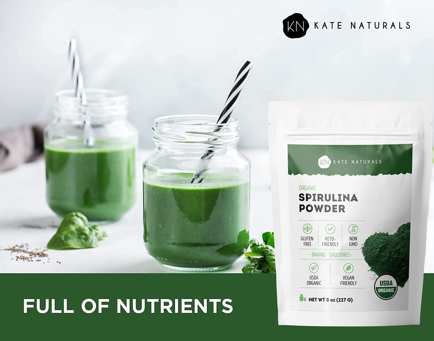 Kate Naturals Organic Spirulina Powder (8 oz) for Immune Support and Antioxidants USDA Certified. Natural. Non-GMO. Gluten-Free. Nutrient Dense Superfood Supplement