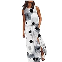 Mommy and Me Dresses Plus Size,Summer Dress for Women Sleeveless Round Neck Maxi Dresses Solid Color Fork Openi