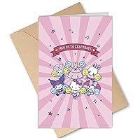 Pack of 5 Kitty Kuromi Birthday Card Pom Pom Purin Greeting Card Invitation Card Blank Inside with Envelopes for Kids Girls Friends 8 x 5.3 inch(20x13.5cm) (Dance Happily)