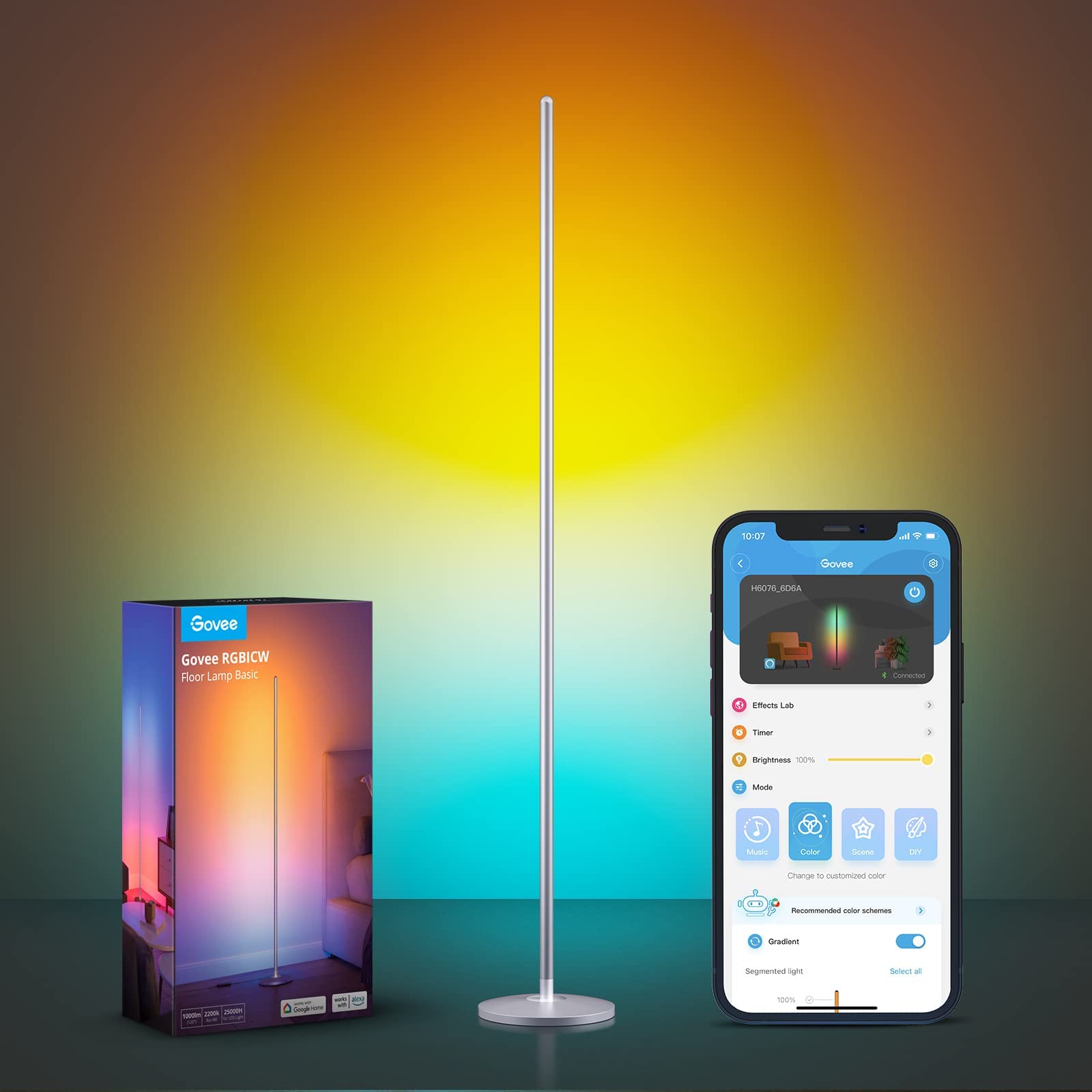 Govee RGBIC Floor Lamp, LED Corner Lamp Works with Alexa, Smart Modern Floor Lamp with Music Sync and 16 Million DIY Colors, Ambiance Color Changing Standing Lamp for Bedroom Living Room Silver
