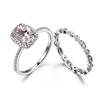 2pcs Morganite Bridal Rings Set,6x8mm Oval Peach Pink Gemstone Claw Halo Ring 14k White Gold Diamond Band