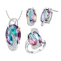 Uloveido Mystic Topaz Rainbow Cubic Zirconia Oval Crystal Necklace Pendant Earrings and Ring Jewellery Sets for Women T472
