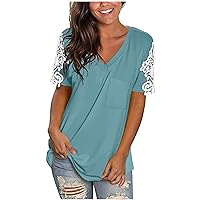 V Neck Shirts for Women, Womens Summer Lace Crochet Short Sleeve Tops Dressy Causal Solid Blouses Loose Tunic Tees