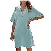Women's Summer Cotton and Linen V-Neck 3/4 Sleeve T Shirt Dress Casual Spring Dresses Midi Party Dress with Pockets