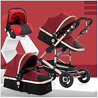 Baby Pushchair Stroller for Newborn, 3 in 1 High View Baby Pram Stroller for Toddler Shock-Absorbing Infant Carriage Bassinett with Mosquito Net, Cup Holder, Foot Cover (Color : Red)