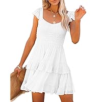 Women Summer Dresses Casual Boho Smocked Ruffle Sun Beach Babydoll Mini Dress Layered Flowy Swing Dress