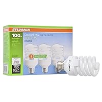SYLVANIA Compact Fluorescent Spiral T2 Light Bulb, 100W Equivalent, Efficient 23W, 1600 Lumens, Medium Base, Frosted, 6500K, Daylight - 3 Pack (26352)