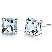 Peora Solid 14K White Gold Aquamarine Stud Earrings for Women, Genuine Gemstone Birthstone, Hypoallergenic 6mm Cushion Cut, AAA Grade, 1.50 Carats total, Friction Back