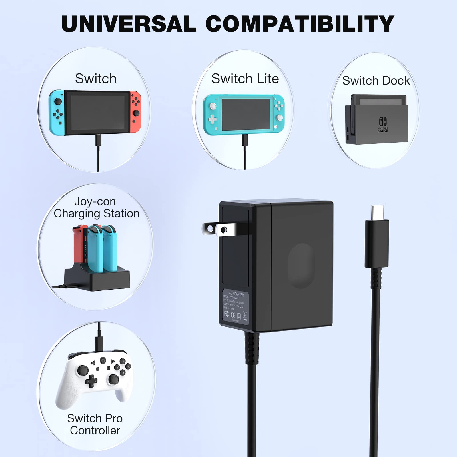 Switch Charger for Switch, AC Adapter Charger for Switch Power Adapter Fast Charging Portable Charger 15V/2.6A (Support TV Mode and Dock) Switch Lite Charger with 5FT Type C Cable