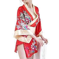 Women's Sexy Kimono Lingerie Pink Blossom Pattern Mini Kimono Dress Nightgown Bathrobe Short Yukata with Obi Belt