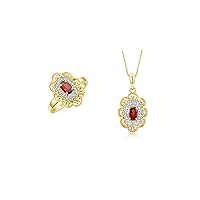Matching Set Yellow Gold Plated Silver Floral Pattern Halo Pendant Necklace & Ring. Gemstone & Diamonds, 18