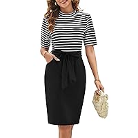 MEROKEETY Women's Summer Short Sleeve Striped Midi T Shirt Dress Mock Neck Work Casual Dresses with Pockets