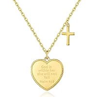 14K Gold Plated Engraved Coin Pendant Necklace for Women Christian Bible Verse Cross Necklace Prayer Faith Religious Jewelry Gifts