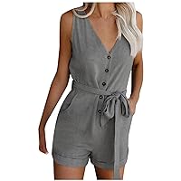 Women's Summer V Neck Sleeveless Button Down Pockets Belted Jumpsuits Rompers Plus Size Business Casual Short Romper