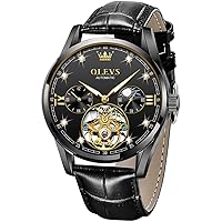 OLEVS Mens Leather Watches Automatic Mechanical Skeleton Tourbillon Diamond Luxury Self Winding Wrist Watches Moon Phase Waterproof Luminous