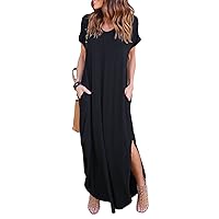 HUSKARY Women's Summer Maxi Dress Casual Loose Pockets Long Dress Short Sleeve Split Maxi Dresses