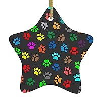 Mqgmzcolorful Dog Paw Print Black Print Christmas Tree Star Shaped Ornaments, Personalized Ceramic Pendant Xmas Decorations