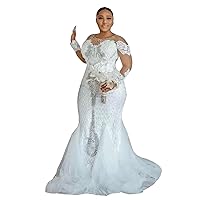 Plus Size Beading Illusion Bridal Ball Gowns Train Lace up Corset Mermaid Wedding Dresses for Bride Long Sleeve