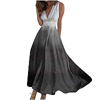 Maxi Dress Ladies 2024 Sleeveless Summer V Neck Womens Trendy Retraction Printed Casual Boho Fashion Waist Long Dress
