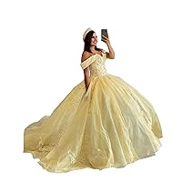 2024 V Neck Cinderella Quinceanera Prom Dresses Ball Gown Yellow Off The Shoulder Glitter Tulle Cocktail Formal Dress