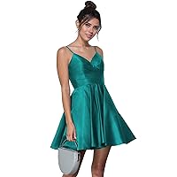 Women's Short Homecoming Dresses for Teens 2023 with Pockets Spaghetti Strap V Neck Satin Prom Formal Ball Gown R038