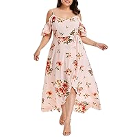 Women Plus Size Cold Shoulder Floral Maxi Bohemian Split Dress Casual Summer Short Sleeve Flowy Beach Party Dresses