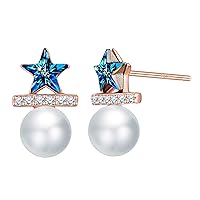 Blue Crystal Star Earrings Sterling Silver Star Stud Earring with Simulated Pearl