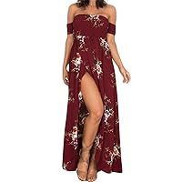 Women Sexy Off Shoulder Floral Maxi Dress ((US 12-14)L, Burgundy)