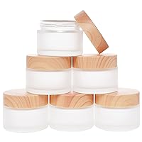 6Pcs Glass Cosmetic Containers with Wood Grain Lid Refillable Cosmetic Jar Frosted Glass Cream Container with Leak-proof Lid Empty Makeup Jar for Lotions,Creams,Scrub Cream,Home,Travel(50ml)