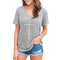 Women Cross Faith T Shirts for Women V-Neck Graphic Tees Letter Printed T-Shirt Christian Tee Shirt