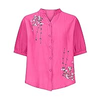 Bohemian Floral Embroidered Shirts Women Button Down Short Sleeve Dressy Blouses Summer Casual Loose Fit Tee Tops