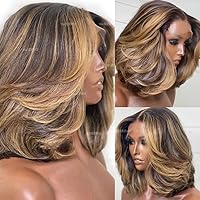 12inch Layered Glueless Bob Wigs Human Hair for Black Women Brown Blonde Highlight Pu Scalp 5X5 Silk Top Lace Closure Wigs Preplucked 180Density Brazilian Honey Blonde Lace Front Wig with Baby Hair