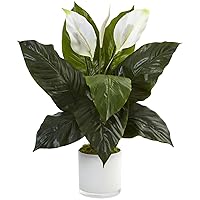 Spathiphyllum Artificial Flowering Peace Lily in Glossy Glass Planter