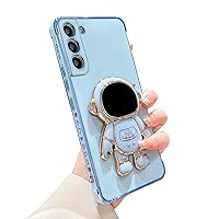 for Samsung Galaxy S23 Case with Astronaut Hidden Stand, Luxury Love Heart Plating Case Side Edge Small Love Pattern for Women Girls Cute Kickstand Phone Case Slim Soft TPU Cover Blue