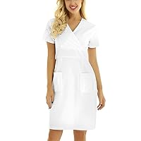 Women's Casual Dress Nurse Dress Pencil Dress V Neck Short Sleeve Knee Length Midi Dress with Pocket